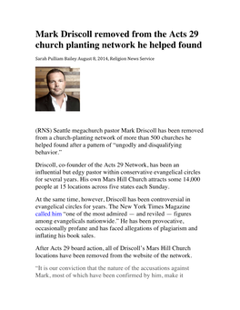 Mark Driscoll Removed from the Acts 29 Church Planting Network He Helped Found