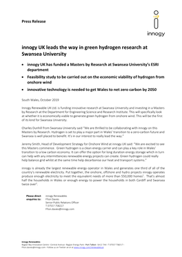 Innogy UK Leads the Way in Green Hydrogen Research at Swansea University