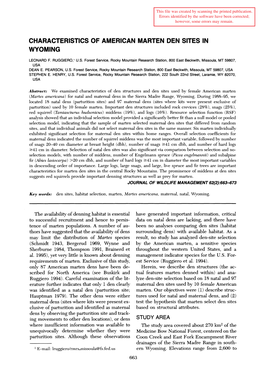 Characteristics of American Marten Den Sites in Wyoming