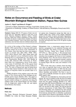 Notes on Occurrence and Feeding of Birds at Crater Mountain Biological Research Station, Papua New Guinea