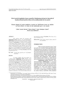 First Record of Qualitative Losses Caused by Meghimatium Pictum in Vineyards of Southern Brazil and the Effects of Two Molluscicides for Its Control