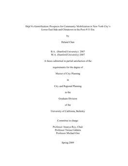 Déjà Vu Gentrification: Prospects for Community Mobilization in New York City’S Lower East Side and Chinatown in the Post-9/11 Era