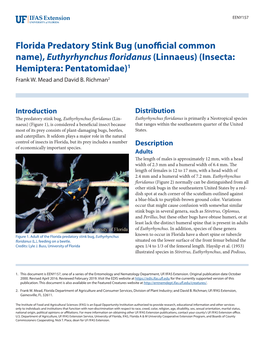 Florida Predatory Stink Bug (Unofficial Common Name), Euthyrhynchus Floridanus(Linnaeus) (Insecta: Hemiptera: Pentatomidae)1 Frank W