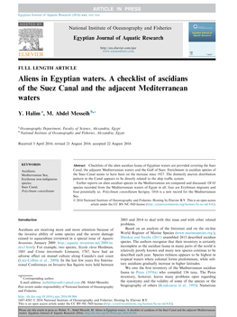 Aliens in Egyptian Waters. a Checklist of Ascidians of the Suez Canal and the Adjacent Mediterranean Waters