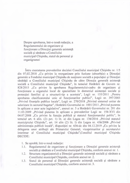 Despre Aprobarea, Intr-O Noua Redac^Ie, a Regulamentului De Organizare §I Functionare a Directiei Generale Asistenta