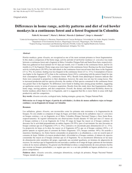 Differences in Home Range, Activity Patterns and Diet of Red Howler Monkeys in a Continuous Forest and a Forest Fragment in Colombia Pablo R