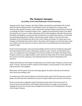 The Tempest: Synopsis by Jo Miller, Grand Valley Shakespeare Festival Dramaturg