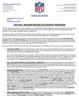 2018 Nfl Season Begins on Kickoff Weekend