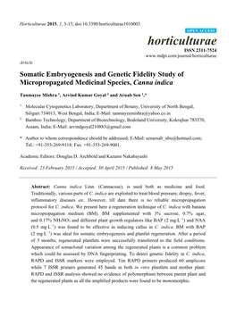 Somatic Embryogenesis and Genetic Fidelity Study of Micropropagated Medicinal Species, Canna Indica