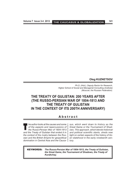The Russo-Persian War of 1804-1813 and the Treaty of Gulistan in the Context of Its 200Th Anniversary)