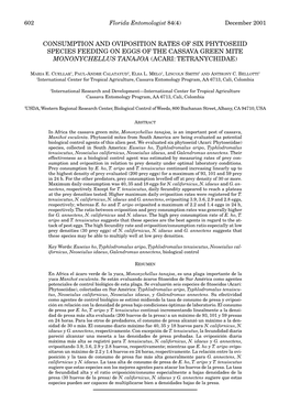 Consumption and Oviposition Rates of Six Phytoseiid Species Feeding on Eggs to the Cassava Green Mite Mononychellus Tanajoa