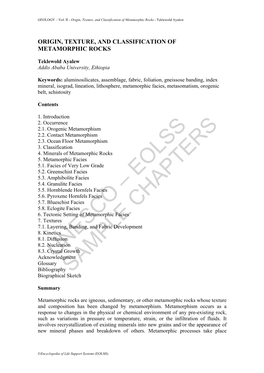 Origin, Texture, and Classification of Metamorphic Rocks - Teklewold Ayalew