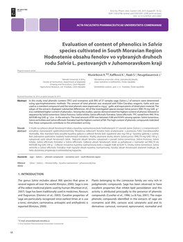 Evaluation of Content of Phenolics in Salvia Species Cultivated in South Moravian Region Hodnotenie Obsahu Fenolov Vo Vybraných Druhoch Rodu Salvia L