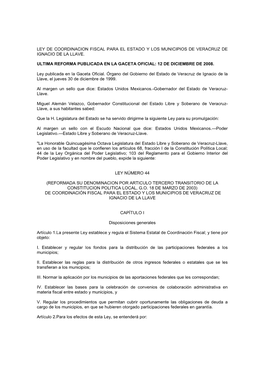 Ley De Coordinacion Fiscal Para El Estado Y Los Municipios De Veracruz De Ignacio De La Llave