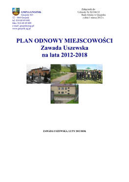 PLAN ODNOWY MIEJSCOWOŚCI Zawada Uszewska Na Lata 2012-2018