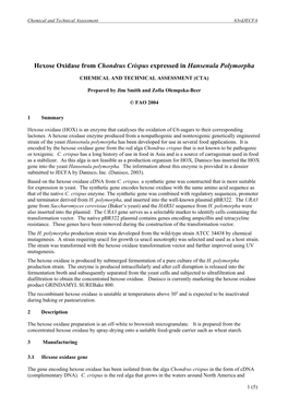 Hexose Oxidase from Chondrus Crispus Expressed in Hansenula Polymorpha