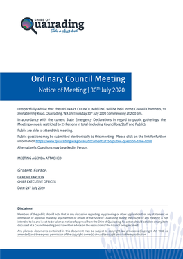 Ordinary Council Meeting Notice of Meeting | 30Th July 2020