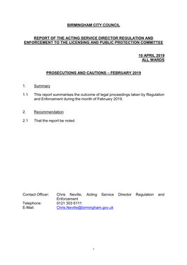 Birmingham City Council Report of the Acting Service Director Regulation and Enforcement to the Licensing and Public Protection