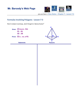 Formulas Involving Polygons - Lesson 7-3