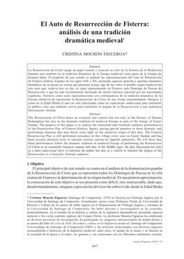 EL AUTO DE RESURRECCIÓN DE FISTERRA: El Autoanálisis De Deresurrección UNA TRADICIÓN DRAMÁTICA De MEDIEVAL Fisterra: Análisis De Una Tradición Dramática Medieval1