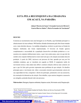 Luta Pela Reconquista Da Cidadania Em Acauã, Na Paraíba