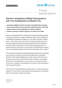 Siemens Strengthens Middle East Presence with New Headquarters at Masdar City