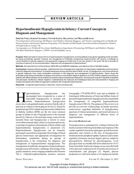 Hyperinsulinemic Hypoglycemia in Infancy: Current Concepts in Diagnosis and Management