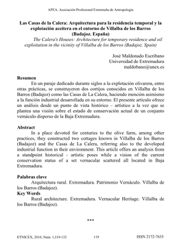 Las Casas De La Calera: Arquitectura Para La Residencia Temporal Y La Explotación Aceitera En El Entorno De Villalba De Los Barros (Badajoz