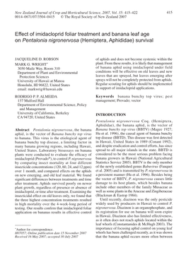 Effect of Imidacloprid Foliar Treatment and Banana Leaf Age on Pentalonia Nigronervosa (Hemiptera, Aphididae) Survival