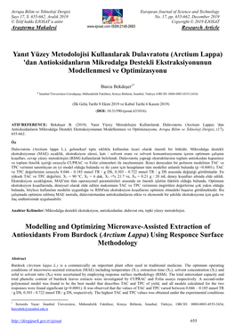 Arctium Lappa) 'Dan Antioksidanların Mikrodalga Destekli Ekstraksiyonunun Modellenmesi Ve Optimizasyonu