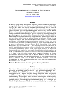 Negotiating Im/Politeness Via Humor in the Greek Parliament Marianthi Georgalidou University of the Aegean Georgalidou@Rhodes.Aegean.Gr