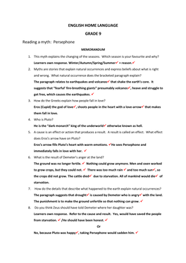 ENGLISH HOME LANGUAGE GRADE 9 Reading a Myth: Persephone