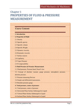 Chapter 1 PROPERTIES of FLUID & PRESSURE MEASUREMENT