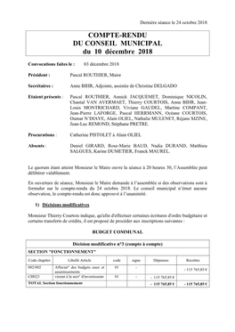 COMPTE-RENDU DU CONSEIL MUNICIPAL Du 10 Décembre 2018