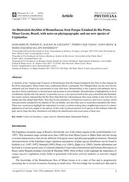 An Illustrated Checklist of Bromeliaceae from Parque Estadual Do Rio Preto, Minas Gerais, Brazil, with Notes on Phytogeography and One New Species of Cryptanthus