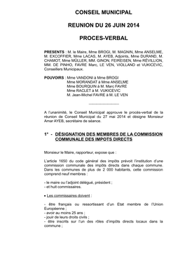 Conseil Municipal Reunion Du 26 Juin 2014 Proces-Verbal