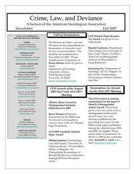 Crime, Law, and Deviance a Section of the American Sociological Association Newsletter Fall 2007