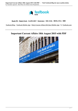 Important Current Affairs 18Th August 2015 with PDF - Visit Testbook Blog for More Useful Articles by Narendra Agrawal - Best Place for Online Exam Preparation