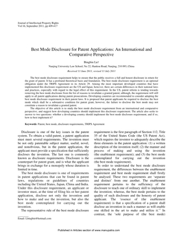 Best Mode Disclosure for Patent Applications: an International and Comparative Perspective