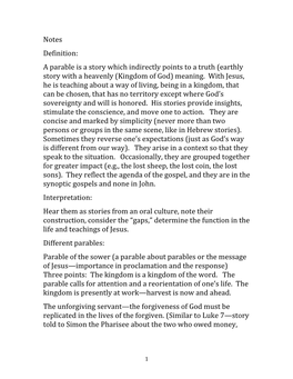 Notes Definition: a Parable Is a Story Which Indirectly Points to a Truth (Earthly Story with a Heavenly (Kingdom of God) Meaning