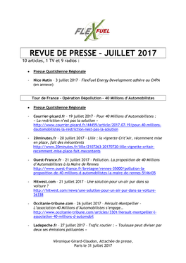 REVUE DE PRESSE – JUILLET 2017 10 Articles, 1 TV Et 9 Radios