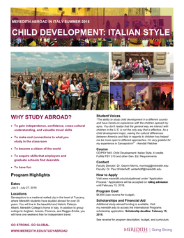 Meredith Abroad in Italy Summer 2018 Child Development: Italian Style