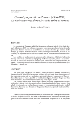 Control Y Represión En Zamora (1936-1939). La Violencia Vengadora Ejecutada Sobre El Terreno