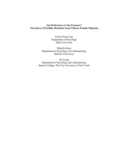 Son Preference Or Son Pressure? Narratives of Fertility Decisions from Chinese Female Migrants Felicia Feng Tian Department of S