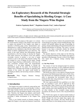 An Exploratory Research of the Potential Strategic Benefits of Specialising in Riesling Grape: a Case Study from the Niagara Wine Region