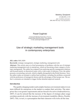 Use of Strategic Marketing Management Tools in Contemporary Enterprises