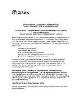 Environmental Assessment Act Section 7.1 Notice of Completion of Ministry Review
