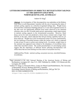 Litter Decomposition on Directly Revegetated Tailings at the Kidston Gold Mine, North Queensland, Australia1