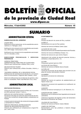 BOLETÍN OFICIAL De La Provincia De Ciudad Real Miércoles, 17/Abril/2002 Número 45