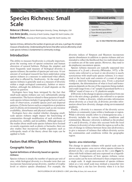 "Species Richness: Small Scale". In: Encyclopedia of Life Sciences (ELS)